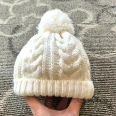 ベビー ニット帽 ポンポン付き ホワイト 40-42cm