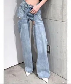 ハイウエストレイヤードデザイン2WAYデニムパンツ