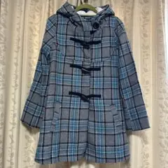 グレーと青のチェック柄ダッフルコート Lサイズ