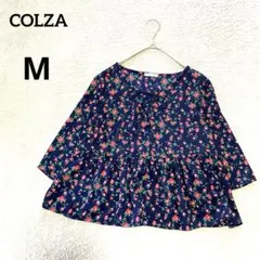 コルザCOLZA 花柄 ペプラムブラウス ネイビー M レースアップ