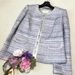 桂由美　ノーカラージャケット　ラメツイード　水色系　レース　サイズ９　ピンク