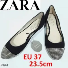 美品 タグ付き ZARA フラットシューズ ビジュー バイカラー ラウンドトゥ