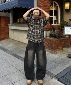 ADAMASTE 半袖チェックシャツ ブラック系