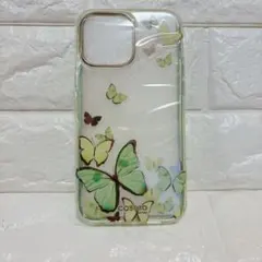 クリアケース グリーン×蝶々 画面保護 一体型 iPhone13Pro Max