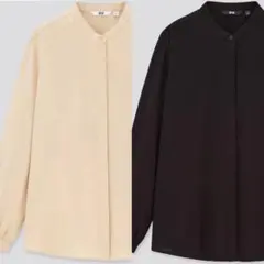 UNIQLO レーヨン バンドカラーブラウス 長袖 ブラック ベージュのサムネイル