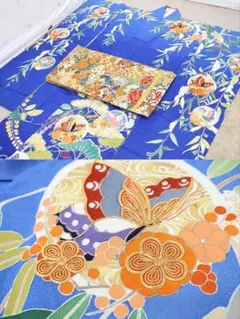 未使用保管品！高島屋×千總 振袖 丸帯セット 金彩 金刺繍 蝶花柄 青 孔雀牡丹のサムネイル
