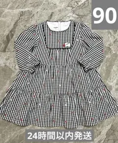 【美品】ファミリア ギンガムチェックワンピース90サイズ②テリア りんご