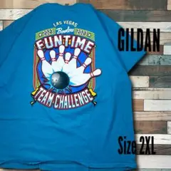 海外古着 ギルダン 2XL ボウリング バックプリント Tシャツ ターコイズブル
