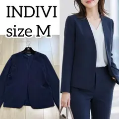 新品級✨インディヴィ 洗える UVケア ストレッチ ノーカラージャケット M 紺のサムネイル