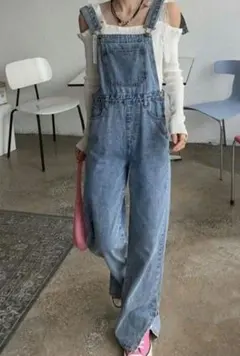 ライトブルー デニムオーバーオール フレアパンツ