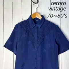 レトロ古着 70s～80s レトロ自転車柄 ミニフリルシフォンブラウス シャツ