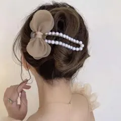 ヘアクリプ シフォン オーガンジー クリスマス ホワイトビーズ ブラウン