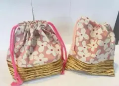 お花カゴ2点セットお弁当袋コップ袋 巾着 給食ハンドメイド幼稚園女の子
