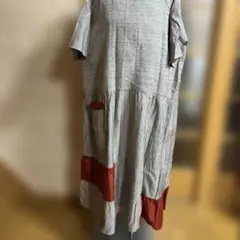 着物リメイクグレーと赤のストライプ 半袖ワンピースセール