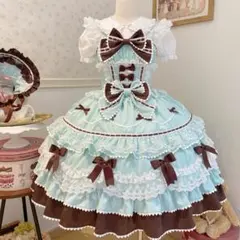 水色 × ブラウン 甘ロリワンピース リボンフリルレース ロリータコスプレ