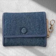 デニム ミニ財布 セーフティチェーン付 三つ折り コンパクト ウォレット 未使用