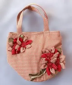 【美品】ギンガムチェック花飾りトートバッグ