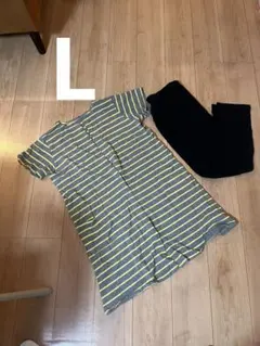 マタニティ半袖パジャマ M グレーとイエローのストライプ