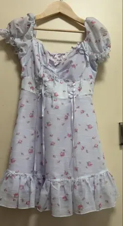 Bobon21 小花柄レースアップ甘ガーリーワンピース パープルブルー