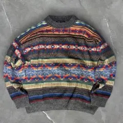 龍*河様 マルチカラーニット　クールネックセーター　ウール　幾何学模様