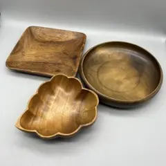 天然木製食器3点セットラウンド丸スクエア四角クローバー花型ボウルプレート 天然木製食器3点セットラウンド丸スクエア四角クローバー花型ボウル