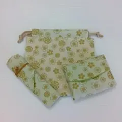 『ハンドメイド』 3点セット 巾着 箸入れ ポケットティッシュ入れ 八重桜 金色