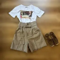 リネン混合 ベージュショートパンツ Mサイズ相当