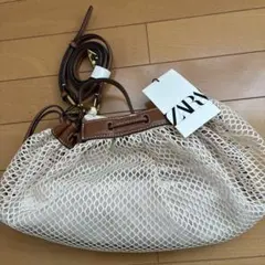 ZARA ベージュ メッシュネットショルダーバッグ M