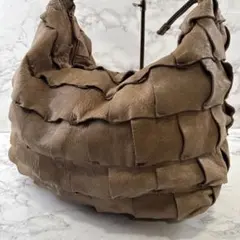 ノーブランド パッチワーク 本革 レザー セミショルダー ハンドバッグ ブラウン