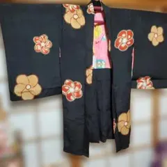羽織 和装 黒色 花柄 地紋入り長羽織　　正絹