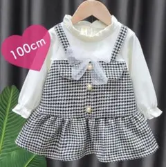 新品 100cm 千鳥格子 ワンピース ブラック 長袖