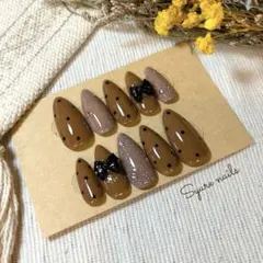 【現品】当日発送！ネイルチップ＊ブラウンドットリボン キラキラ 水玉 クリスマス