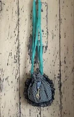 pote フリル付き黒白チェック巾着ショルダーバッグ
