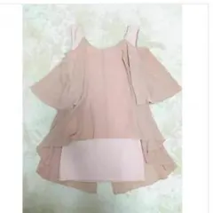 ピンクベージュシフォンフレアミニワンピースオフショルダーオープンショルダー