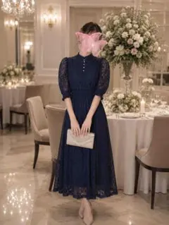 ワンピース　結婚式　お呼ばれドレス　オケージョンドレス　ネイビー　二次会