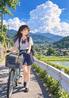 【イラスト】夏空と自転車の女子高生 アートポスター