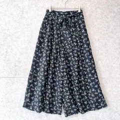 美品 グラシア 花柄 ワイドパンツ ウエストリボン 裏地付 ネイビー S 総柄