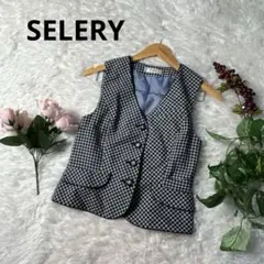 SELERY セロリ　ベスト　チョッキ　チェック柄　ネイビー　M スーツ