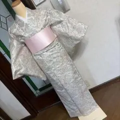 紬 袷 着物 花柄 白グレー系　⭐️ 和装のサムネイル