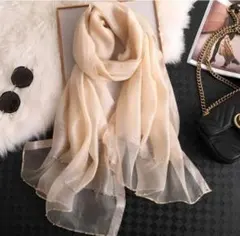 フォーマル結婚式薄手ドレスストールビーズ付◆大判ライトベージュシフォンショール