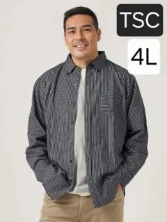 ≪SALE≫【TSC】ストライプオックスボタンダウンシャツ ネイビー 4L