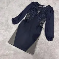 Tika 長袖フラワー刺繍ヌーディーシアーくびれレースアップタイトミニドレス