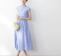 バンドカラーストライプワンピース ナチュラルビューティーベーシック M ブルー