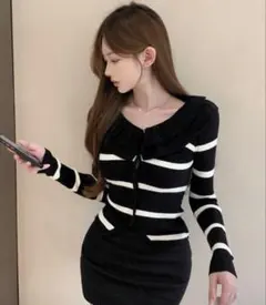 韓国風 ボーダーフリルニット ストライプピーターパン襟 フリル