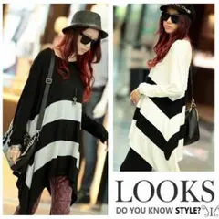 セール中！大きいサイズ レディース トレンド太ボーダーロング丈カットソー