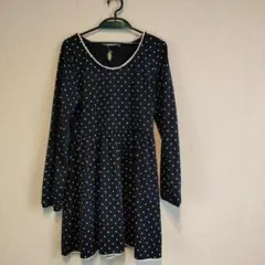 ネイビー ドット柄 長袖 チュニックワンピース