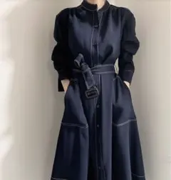紺　シャツワンピース　羽織　ロングワンピース　ウエストベルト　エレガント　海外