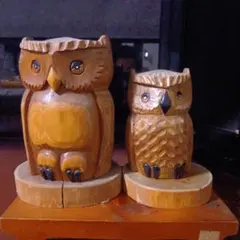 木彫り フクロウ 置物 2体セット親子