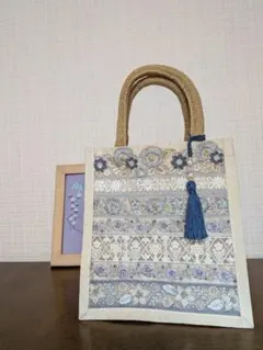 インド刺繍リボンコットンバック タッセル付き
