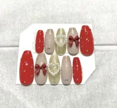 ネイルチップ　ロング　リボン　ギャル　ハート　ラメ　パーツ　赤　ピンク　ゴールド